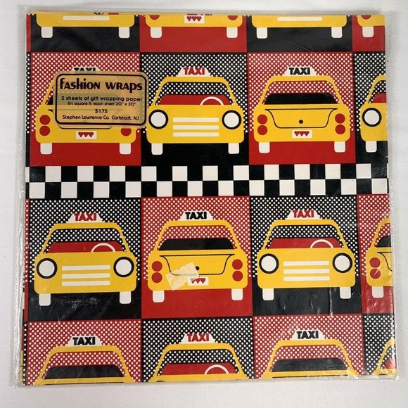 Vintage Stephen Lawrence All Occasion Taxi Cab Gift Wrap Sheets Two 20" x 30" - Picture 1 of 7
